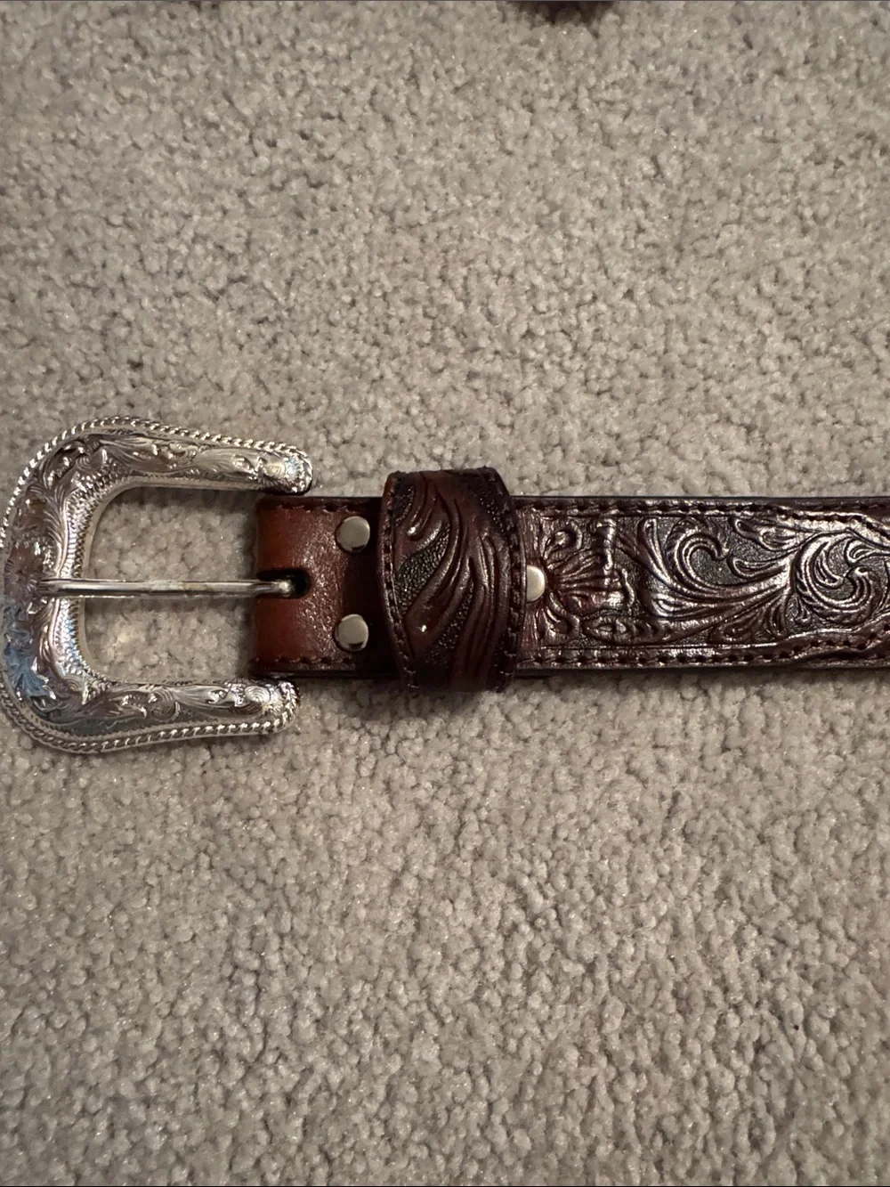 Nocona Vintage Tooled Brown Buffalo Leather Western Belt with Silver Buckle
